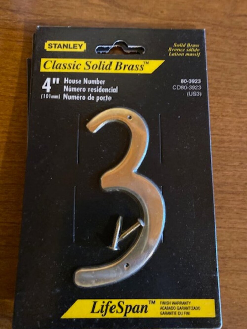 Stanley Brass House Numbers Classic Hardware Number 3 - New 4"